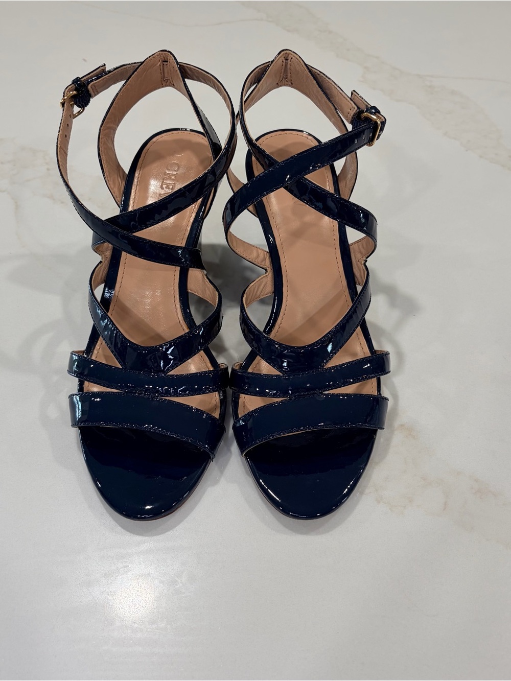 J. Crew Navy Patent Strappy Wedge Sandals